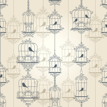 Vintage birds and birdcages. Vector illustration.