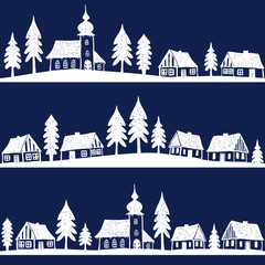 Christmas village with church seamless pattern
