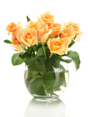 beautiful bouquet of roses in transparent vase isolated on