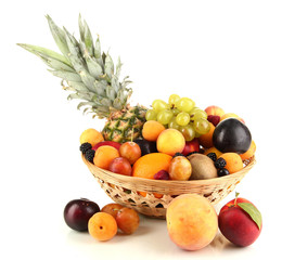 Still life of fruit in basket isolated on white