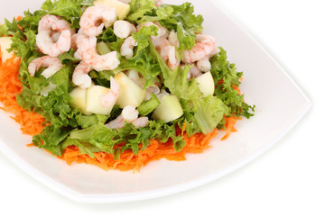 Delicious marinated shrimp in plate isolated on white