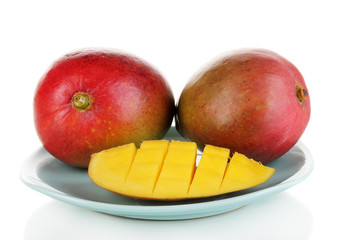 Ripe appetizing mango on blue plate isolated on white