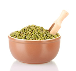 Green mung beans  with scoop in bowl isolated on white