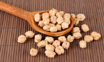 White chickpeas over  wooden spoon on color background