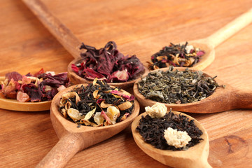 assortment of dry tea in spoons, on wooden background