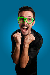 man screaming with green eyeglasses