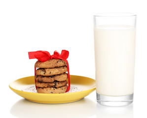 Glass of milk and cookies isolated on white