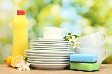 empty clean plates and cups with dishwashing liquid, sponges