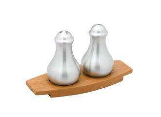 A pair of salt and pepper bottle on teak wood tray