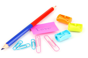 Color stationery close-up isolated on white