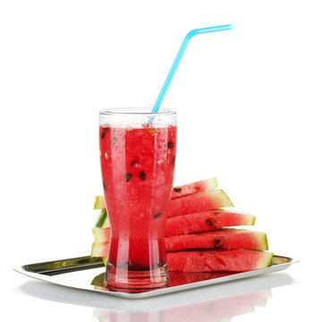 glass of refreshing watermelon juice on a tray isolated on