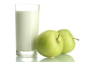 Glass of kefir and green apples, isolated on white