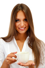 beautiful young woman with cup of coffee, isolated on white