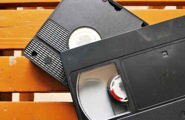 Video tape on wood background