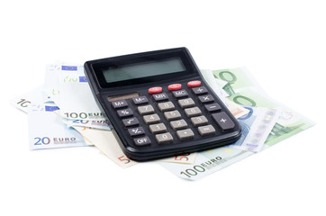 Various Euro currency bills and calculator