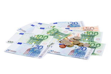 Obraz na płótnie Canvas Various Euro currency bills and coins