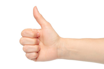 Woman hand with thumb up isolated on white background