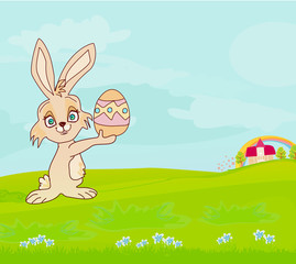 Illustration of happy Easter bunny carrying egg