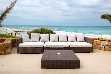 Sea view terrace by a beach at the modern luxury hotel, Thassos