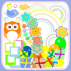 birthday party card with cute birds and owl on gift boxes