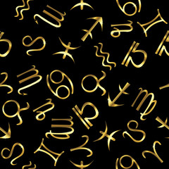 Golden zodiacal signs over black background