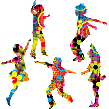 Children silhouettes made of circles and flowers