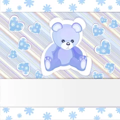 Photo sur Aluminium Ours Carte de baby shower bleue avec ours en peluche
