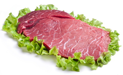Raw meat on lettuce leaves.