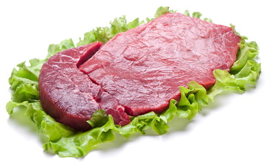 Raw meat on lettuce leaves.