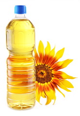 Cooking oil in a plastic bottle with sunflower.