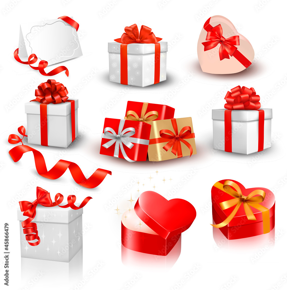 Poster Set of colorful vector gift boxes with bows