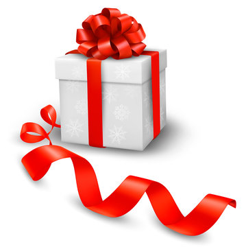 Red gift box with red ribbons. Vector illustration.