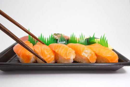 Japanese food, salmon sushi in a ready-to-eat plastic box