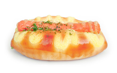 side view hot dog over white background