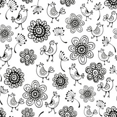 Floral pattern with flowers and little birds