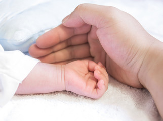 newborn baby hand cover by a male hand