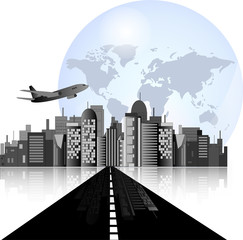 City skyline with road, airplane and earth background