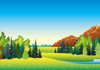 Papier Peint photo Animaux de la forêt Paysage avec prairie, forêt et montagnes