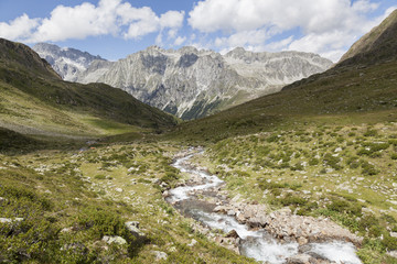 Fototapeta na wymiar Creek w wysokiej górskiej dolinie, austriacki / włoskie Alpy.