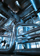 Industrial zone, Steel pipelines and cables in blue tones