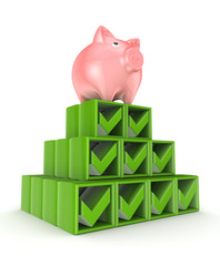 Pink piggy bank on a pyramid of green tick marks.