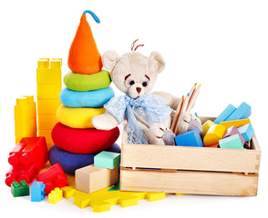 Obraz premium Children toys with teddy bear and cubes.