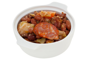 sausages and meat with red beans in the bowl