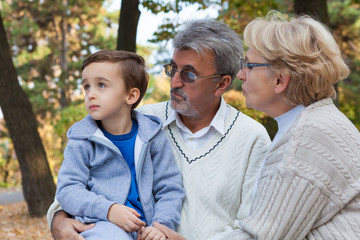 Fototapeta premium Grandparents and grandson, outdoors