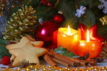 Christmas decoration with Christmas balls and candles