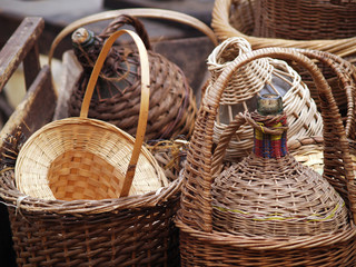 wicker covered wine bottles