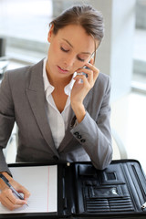 Business girl talking on the phone and taking notes
