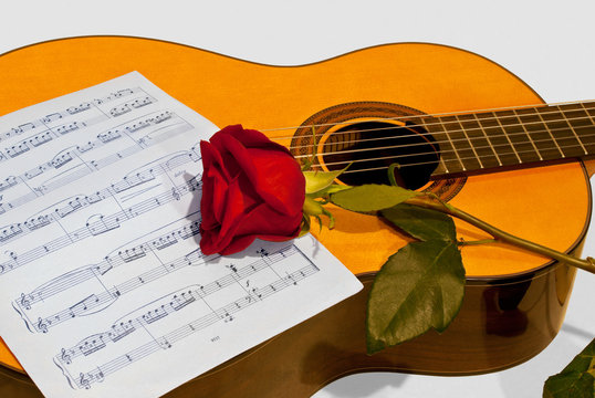 A guitar and a rose on a light background.