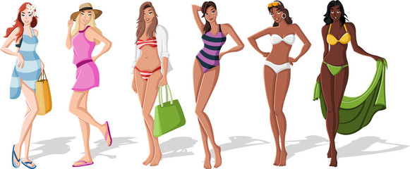 Beautiful cartoon girls wearing bikini - obrazy, fototapety, plakaty