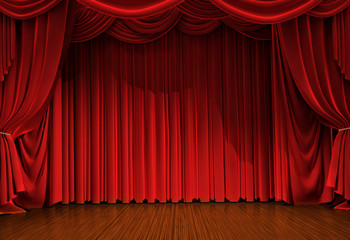 stage with open velvet curtain - obrazy, fototapety, plakaty